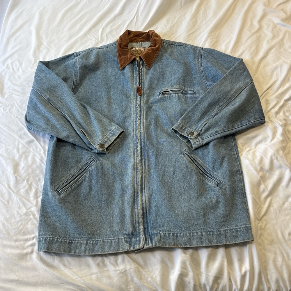 Vintage 90s Ami Light Blue Denim Field Jacket with Brown Collar